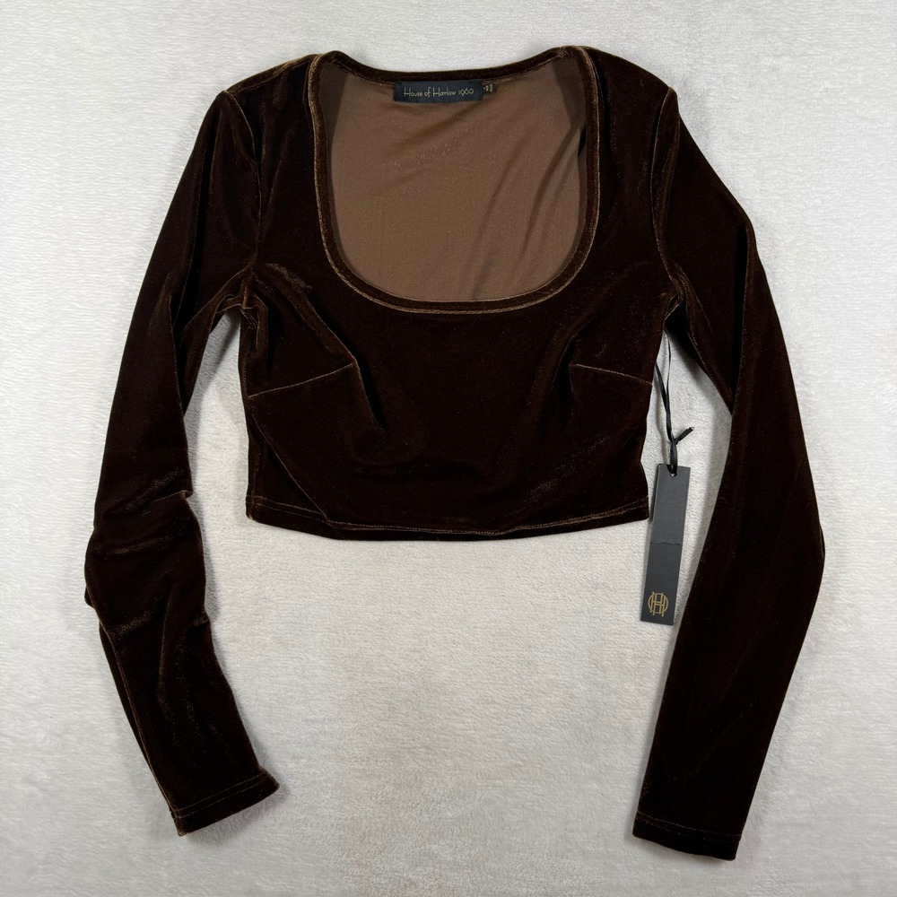 House of Harlow 1960 Brown Velvet Long Sleeve Scoop Neck Crop Top Small NEW